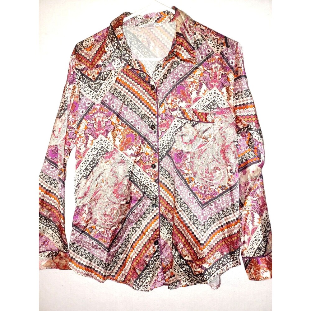 Victoria Secret Pajama Top Satin Sleep Shirt sz M Pink stripe Floral women's